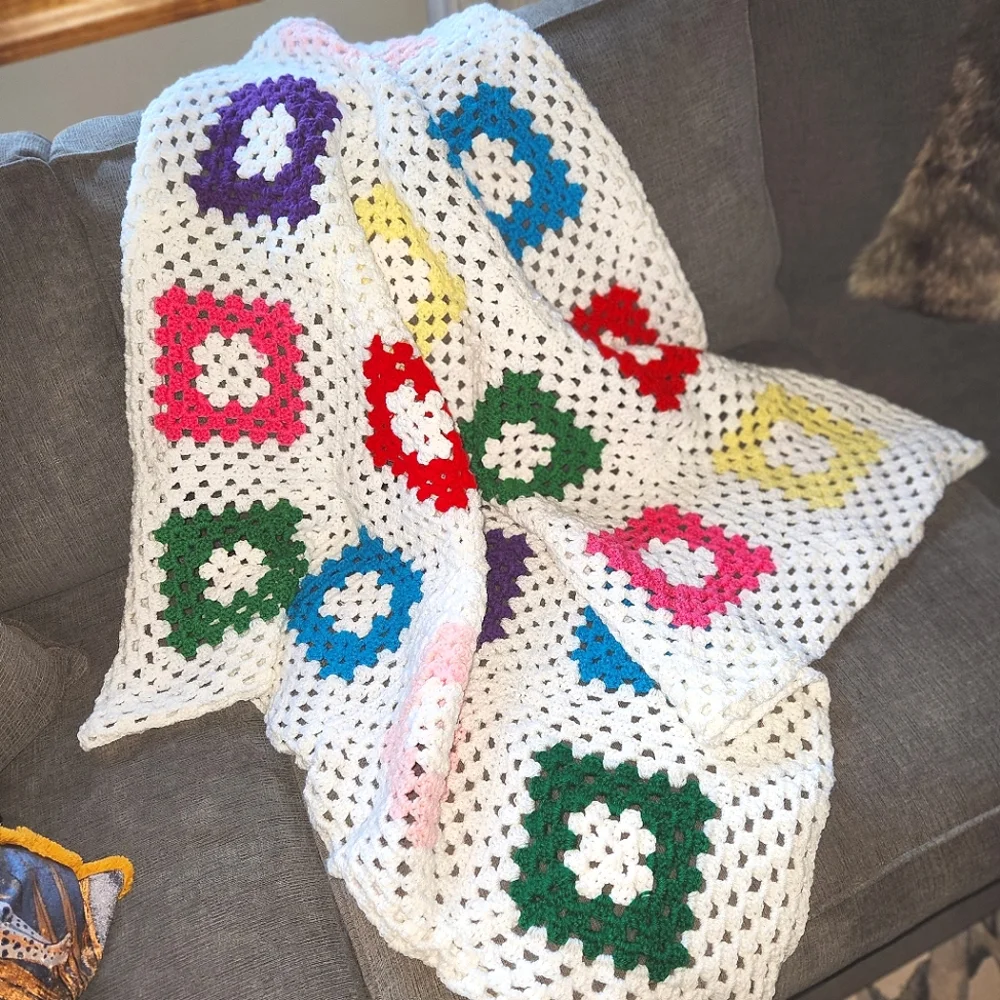 Vintage Homemade Crocheted Multicolor Square Design Afghan Throw Blanket